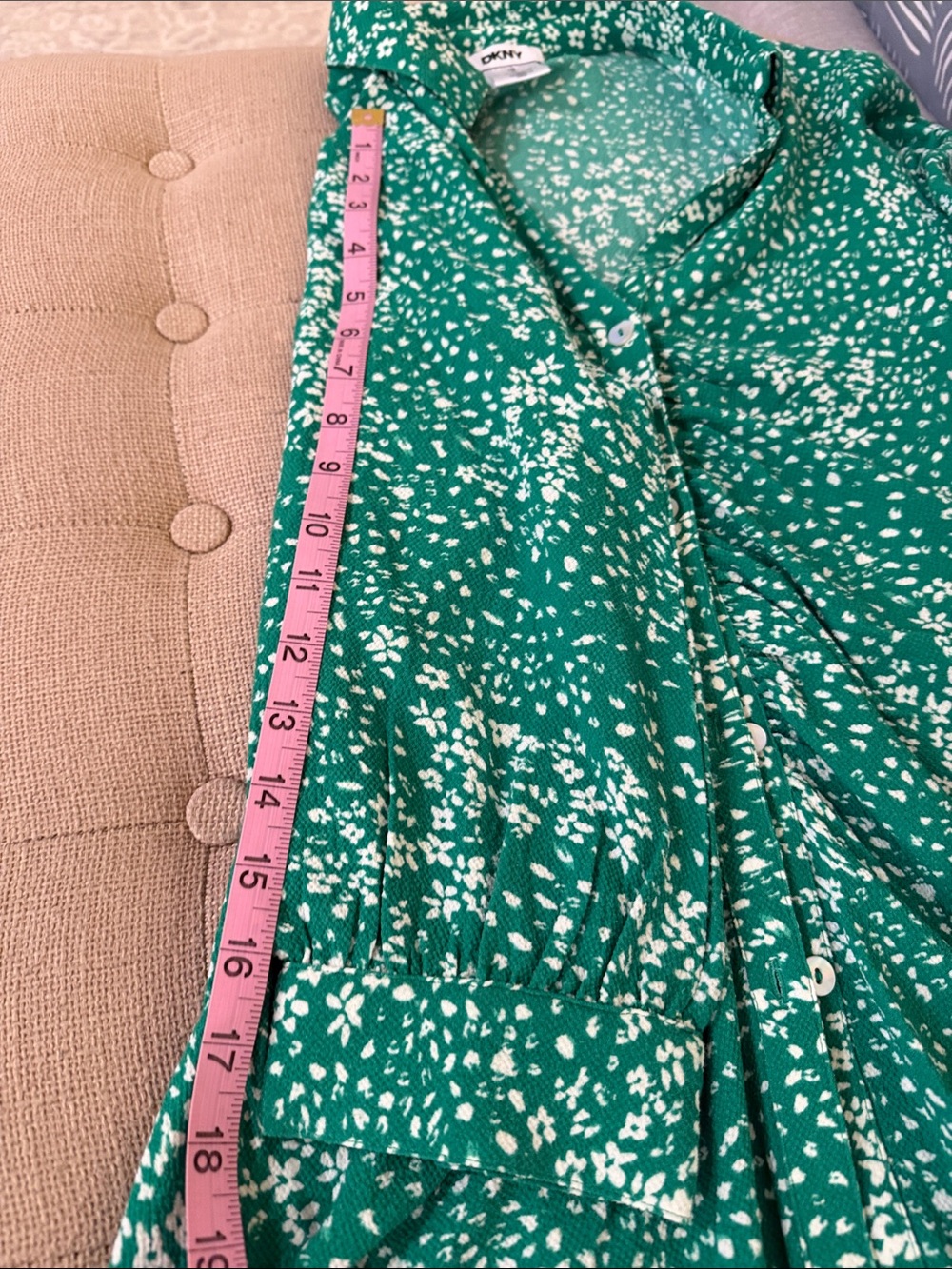 Dkny Green Speckled Ruched Button-Front Midi Dress - Picture 11 of 12
